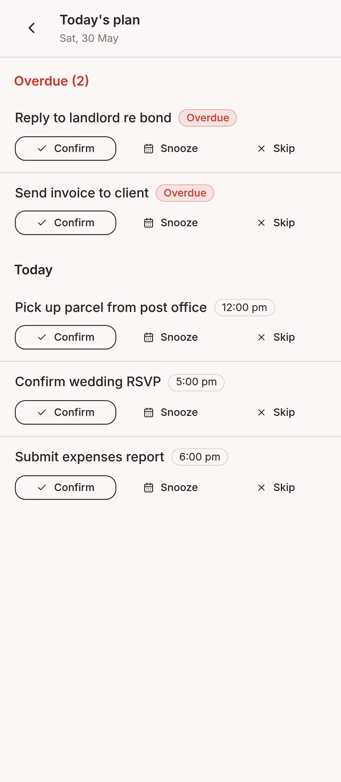 Daily review screen — overdue section with two carry-over tasks, today section with five with-time tasks, recurring section with daily habit