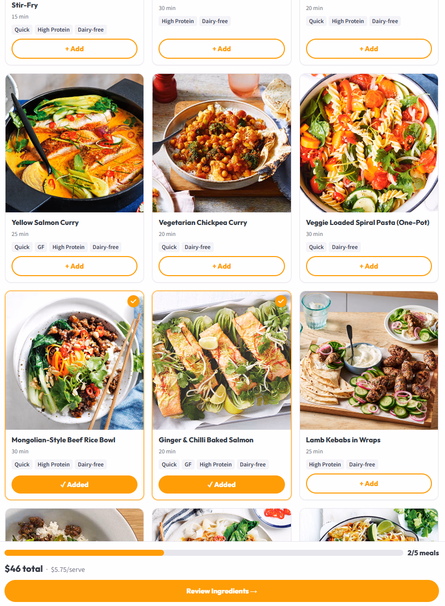 the-weekly meal selection mid-flow: two recipes added, one to go, $46 running trolley total