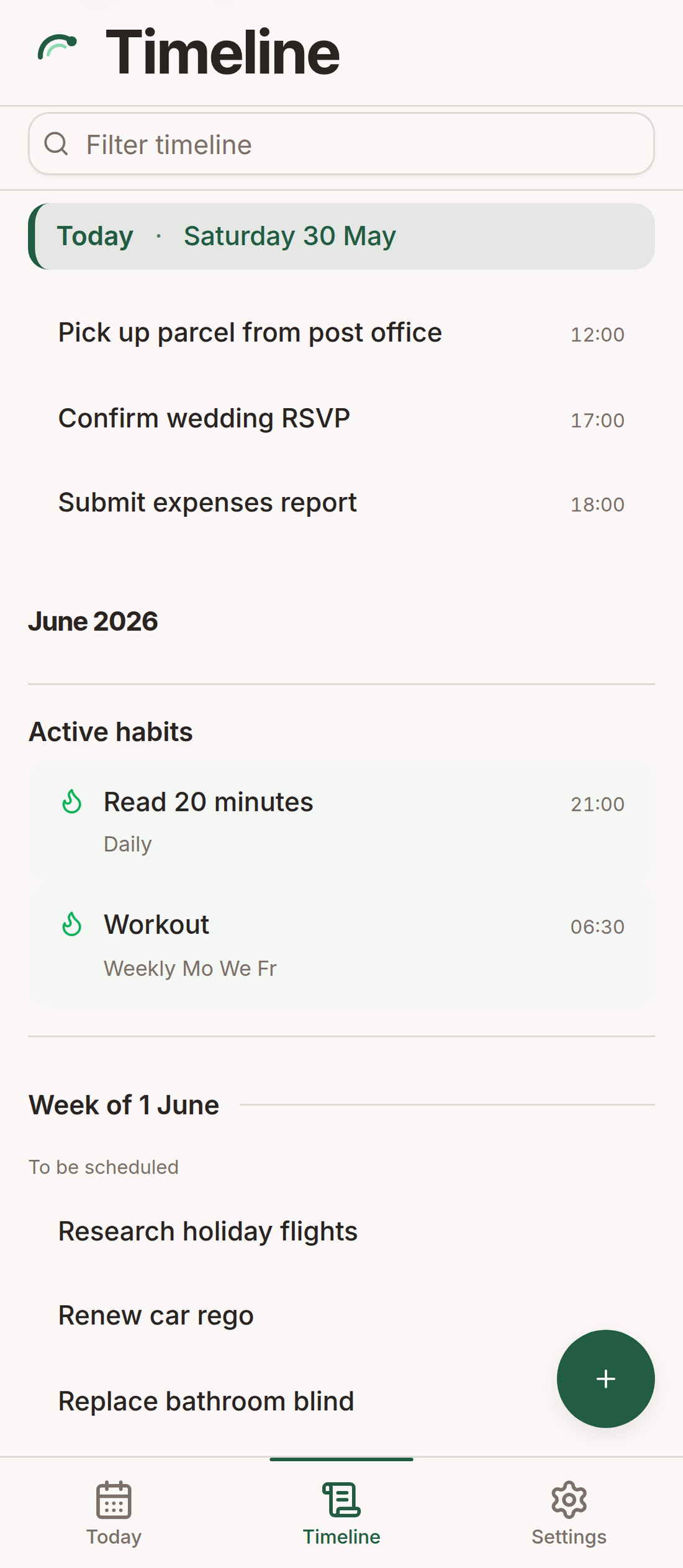 Timeline scrolled to current day with future one-offs, recurring habits, and active habits section below