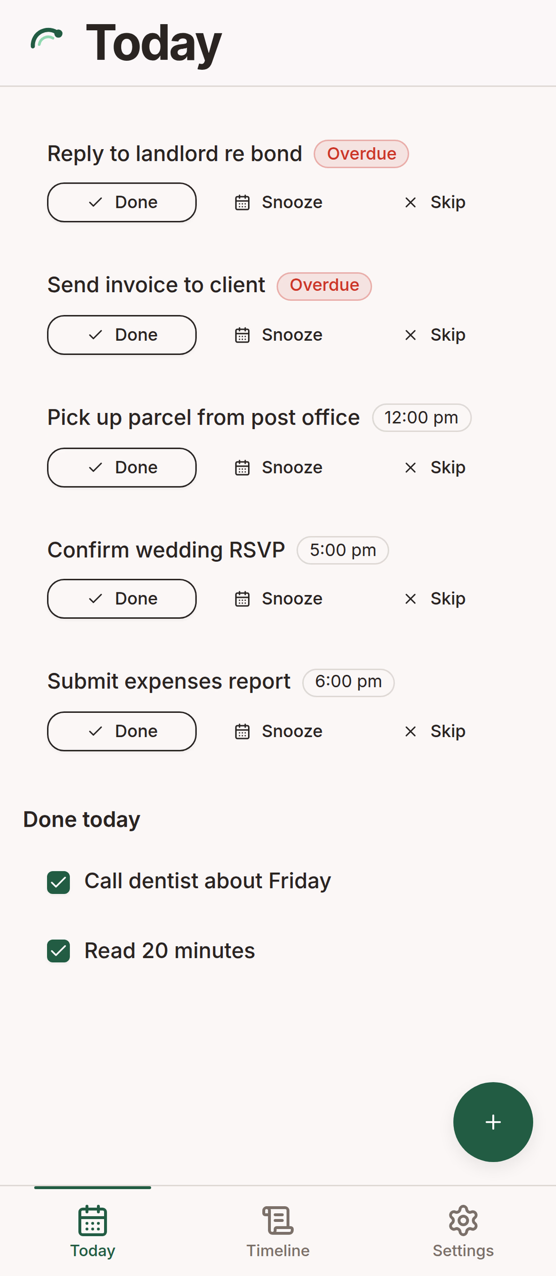 Today screen with eight tasks including overdue, with-time one-offs, and daily and flex habits, plus the create-task FAB