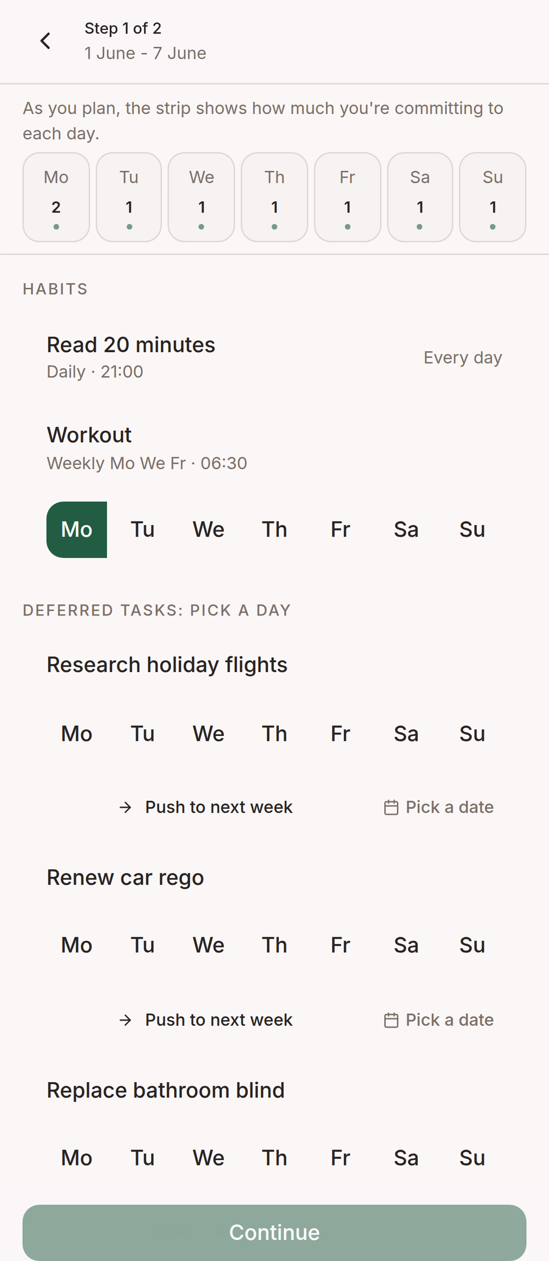 Weekly review step 1 plan-next-week surface with LoadStrip header, habits section, and flex pickers needing day assignment